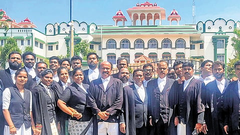 TVK’s team of advocates at the Madurai bench of Madras HC on Monday 