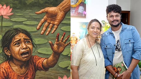 An illustration from the novel (L),  Nagalakshmi Chowdhary and Aditya Vinod (R)