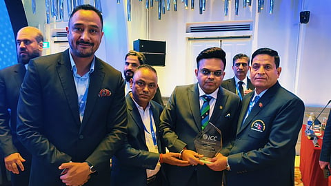 Cricket Association of Nepal president Chatur Bahadur Chand (R) with ICC chair Jay Shah (2nd right)