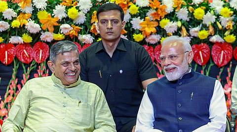 Prime Minister Narendra Modi and Rashtriya Swayamsevak Sangh (RSS) Sarkaryavah Dattatreya Hosabale during the centenary celebrations of the RSS, in New Delhi.