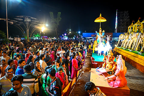 Revellers thronged Sahid Nagar Durga puja pandal in Bhubaneswar on Tuesday. 