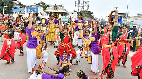  Artists peforming culturals during the procession Lord Malayappa Swamy in four mada streets as part of Saalakatla bramhotsvams at Tirumala on Tuesday.