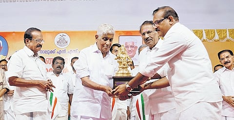 NSS general secretary G Sukumaran Nair at the Vijayadashami Nair meet at  Perunna in Kottayam on Thursday 