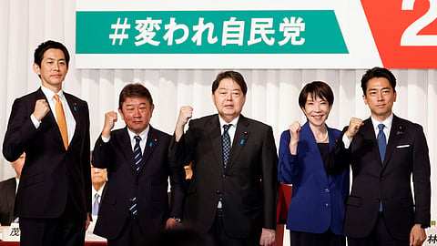 Leaders pose after kicking-off of the campaign for the Liberal Democratic Party's presidential election in Tokyo, on Sept. 22, 2025.