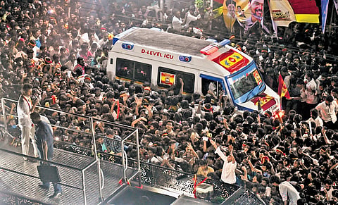 Actor-politician Vijay during TVK’s campaign rally in Karur last week 