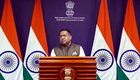 Ministry of External Affairs Spokesperson Randhir Jaiswal addresses a press conference, in New Delhi.
