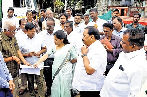 Mayor Priya inspecting the construction of a flyover at Ganeshapuram subway on Saturday 