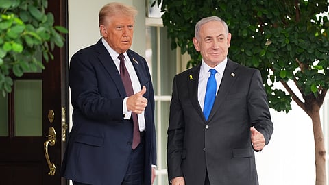 President Donald Trump, left, greets Israeli Prime Minister Benjamin Netanyahu 