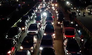 After the completion of the Dussehra festival holidays, vehicles head towards Hyderabad on National Highway 65, leading to a heavy queue 