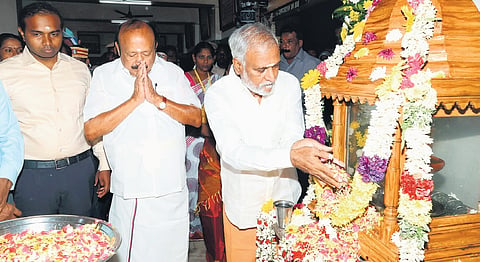 Ministers PK Sekarbabu and MRK Panneerselvam participating in the 203rd birth anniversary celebrations of Vallalar in Cuddalore on Sunday