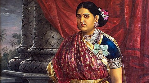 Raja Ravi Varma's oil-on-canvas rendition of Bharani Thirunal Lakshmi Bayi  (1848–1901), the Senior Rani of Travancore from 1857 till her death in 1901