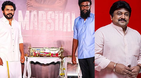 (L) Karthi and Tamizh from the pooja ceremony of Marshal; (R) Prabhu 
