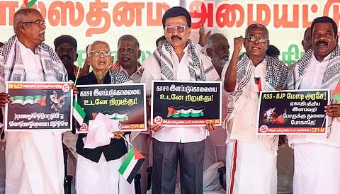 Tamil Nadu Chief Minister MK Stalin with state Congress President K. Selvaperunthagai, Dravidar Kazhagam (DK) President K. Veeramani and other leaders during CPI(M)'s protest, urging the Union government to take steps to stop war in Gaza, in Chennai, Wednesday, Oct. 8, 2025.