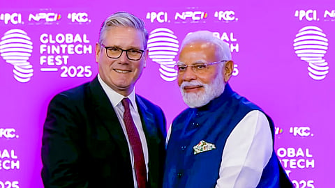 Prime Minister Narendra Modi with his British counterpart Keir Starmer at the Global Fintech Fest 2025, in Mumbai. 