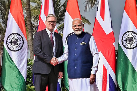 Prime Minister Narendra Modi with United Kingdom Prime Minister Keir Starmer during a meeting, in Mumbai. 