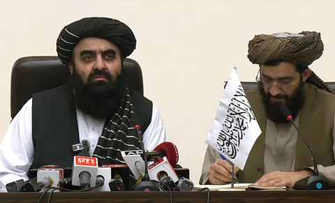 Afghanistan’s Acting Foreign Minister Amir Khan Muttaqi speaks during a press conference in New Delhi. 