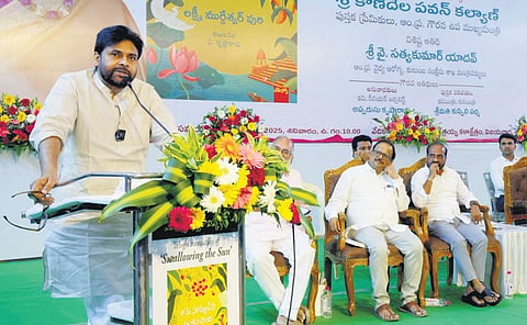 Deputy CM Pawan Kalyan speaking at the launch of a book titled ‘Ame Suryudini  Kabalinchindi’ Kala Kshetram n Vijayawada on Saturday 