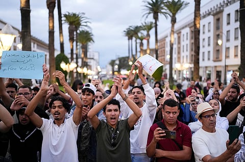 People take part in a youth-led protest against corruption and calling for education and healthcare reforms, in Rabat, Morocco, Thursday, Oct. 9, 2025. 