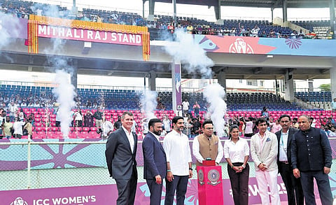 IT Minister Nara Lokesh and ICC Chairman Jay Shah inaugurate the stand named after former India captain Mithali Raj 
at the ACA-VDCA International Cricket Stadium in Visakhapatnam on Sunday 