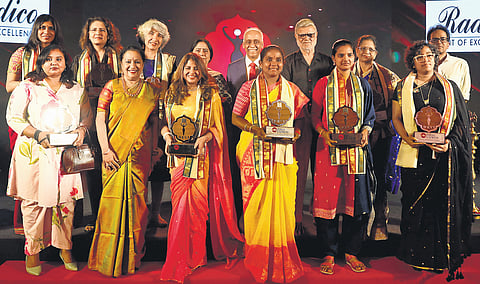 Devi awardees alongside chief guest Justice V Ramasubramanian (Chairperson of National Human Rights Commission), Prabhu Chawla (Editorial Director, The New Indian Express), Lakshmi Menon (CEO, The New Indian Express) and T Kalyan Chakravarthy (Resident Editor, The New Indian Express, Telangana) at ITC Kakatiya in  Hyderabad on Sunday 