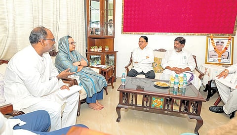 Deputy Chief Minister Bhatti Vikramarka speaks to the family members of 
late IPS officer Y Puran Kumar at Chandigarh on Monday