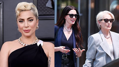 Lady Gaga and a BTS still from The Devil Wears Prada 2