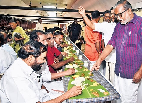 Devaswom Minister V N Vasavan, Agriculture Minister P Prasad and others at the Ashtami Rohini vallasadya held on September 14 