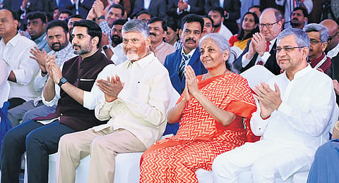 Chief Minister N Chandrababu Naidu, IT Minister Nara Lokesh, Union Finance Minister Nirmala Sitharaman and Union Minister for Electronics and IT Ashwini Vaishnaw during the MoU signing with Google in New Delhi on Tuesday 