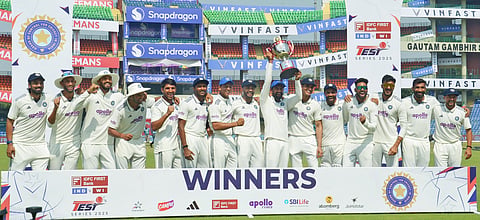Victorious Team India celebrate their 2-0 series triumph over West Indies on Tuesday in New Delhi