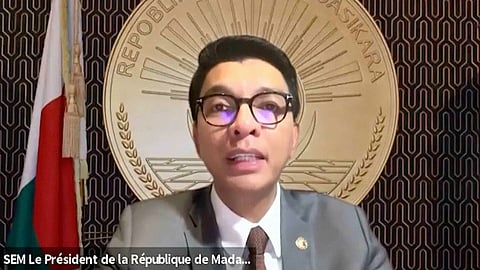 This grab taken from video released on Oct. 13, 2025, shows Madagascar President Andry Rajoelina giving a speech from an unknown location after an apparent coup attempt forced him into hiding. 