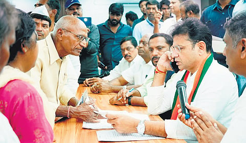 IT and Industries Minister Sridhar Babu receives petitions from the 
public at Gandhi Bhavan, Hyderabad on Wednesday