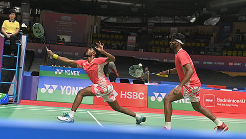 Bhargav Ram Arigela and Viswa Tej Gobburu (R) in action at the BWF World Junior Championships 