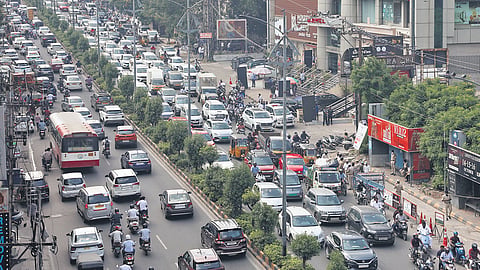 Vehicle movement slows to a snail’s pace on Road No 2 in Jubilee Hills due to traffic diversions caused by nomination rallies on Friday 