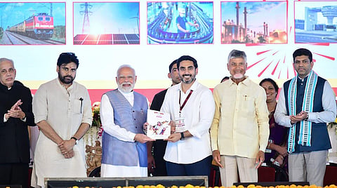 PM Narendra Modi, CM Nara Chandrababu Naidu and deputy CM Pawan Kalyan during the Super GST Super Savings public meeting at Kurnool on Thursday. 
