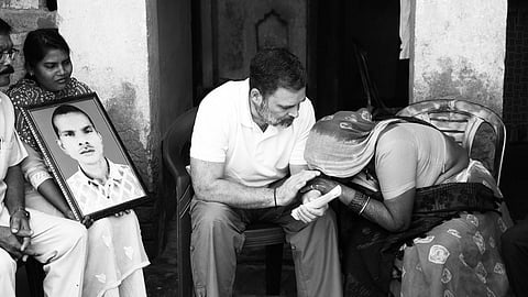 LoP Rahul Gandhi with the family of Hariom Valmiki, a Dalit lynched by villagers in Raebareli