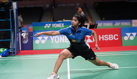 Tanvi Sharma hits a return against Saki Matsumoto during their quarterfinal clash on Friday
