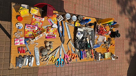 The seized items included tobacco packets, match boxes, mobile chargers, one plier, electrical wire, pencil batteries, multiple nail-cutters, pointed metal objects among other things.