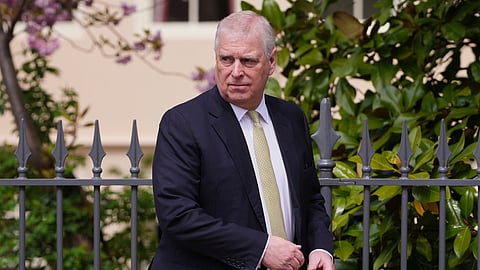 Prince Andrew looks round as he leaves after attending the Easter Matins Service at St. George's Chapel, Windsor Castle, England, April 20, 2025.
