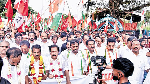 Leader of Opposition V D Satheesan inaugurating the ‘Faith Protection Rally’ organised by the UDF at Pandalam in Pathanamthitta on Saturday 