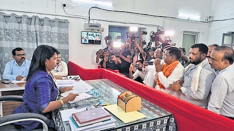 Congress candidate Ghasiram Majhi fililng nomination for the bypolls.