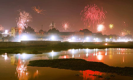 The sky above the Vaigai river bed  at Madurai looks colourful as crackers are being as a part of celebrating Deepavali festival on Monday night.