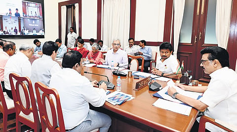Chief Minister MK Stalin chairing the meet at the Secretariat on Tuesday 
