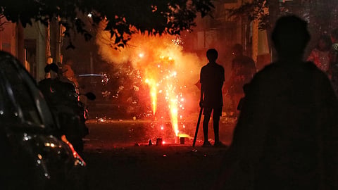 The dark night sky was seen Illuminated with colourful crackers on the night of Diwali in Puducherry. 