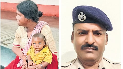 The rescued baby at Mysuru Railway Station; (Right) RPF Constable CM Nagaraju 