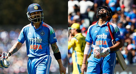 Virat Kohli (L) and Rohit Sharma (R) during the one day international cricket match between Australia and India in Adelaide, Australia, Thursday, Oct. 23, 2025. 