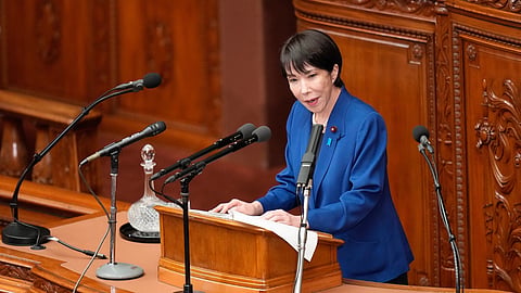Japan's Prime Minister Sanae Takaichi delivers a policy speech at the extraordinary session of parliament's lower house Friday, Oct. 24, 2025, in Tokyo.