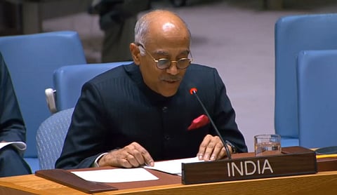 India's Permanent Representative to the UN, Ambassador Parvathaneni Harish, speaking at the UN Security Council