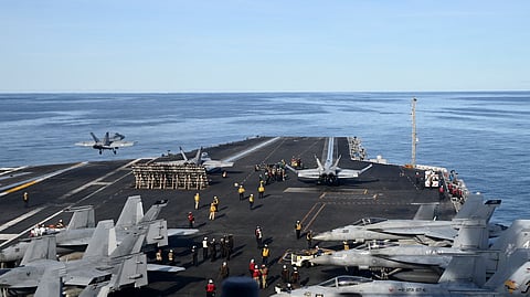 A view of an US Aircaft Carrier in the Caribbean Sea.