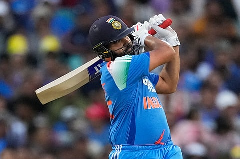 India's Rohit Sharma bats against Australia during their One Day International cricket match in Sydney, Australia, Saturday, Oct. 25, 2025. 