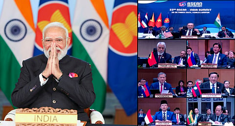 Prime Minister Narendra Modi virtually addresses the India-ASEAN (Association of Southeast Asian Nations) Annual Summit via video conferencing, in New Delhi. 